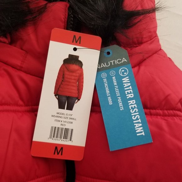NAUTICA PUFFER COAT WOMENS MEDIUM RED BLACK FAUX FUR TRIM WATER RESISTANT NWT - Picture 7 of 12